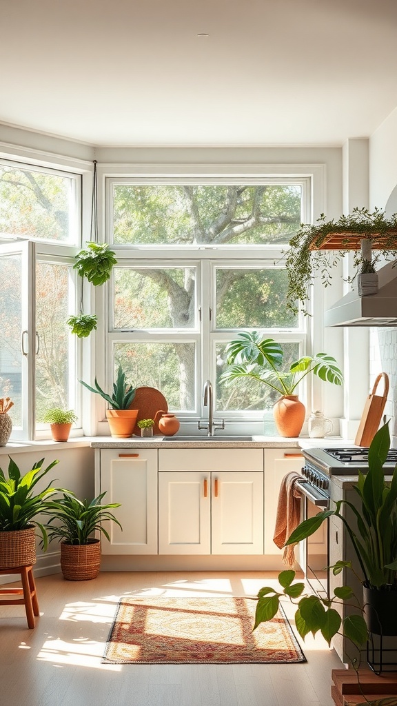 Bright boho kitchen with plants and natural light from large windows