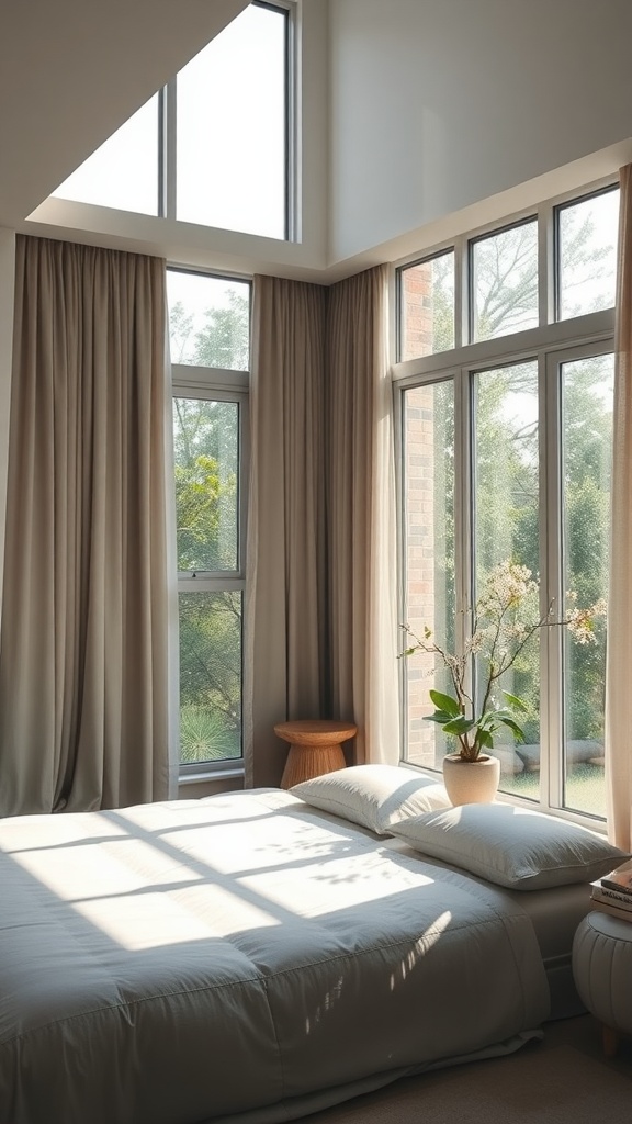 A bright bedroom with large windows, light curtains, and a plant on the bedside.