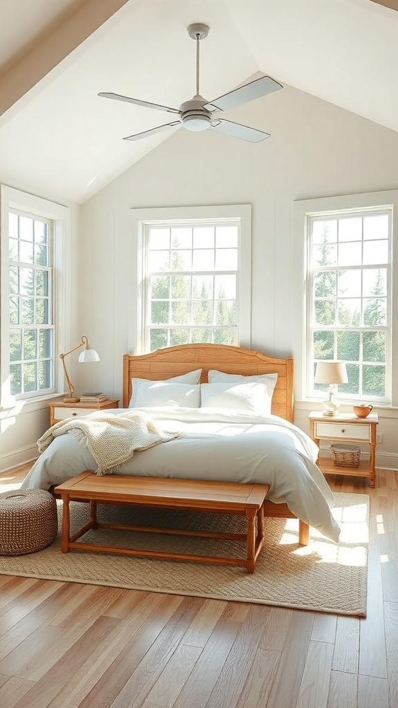 Bright farmhouse bedroom with large windows, natural light, and wooden furniture.