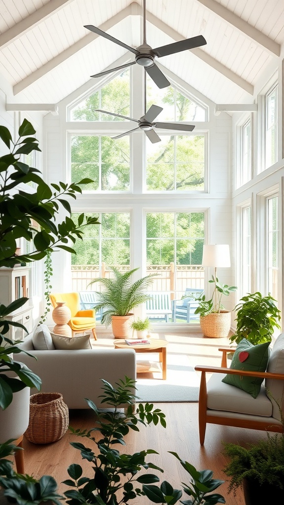 Bright and airy farmhouse living room with large windows, plants, and cozy seating.