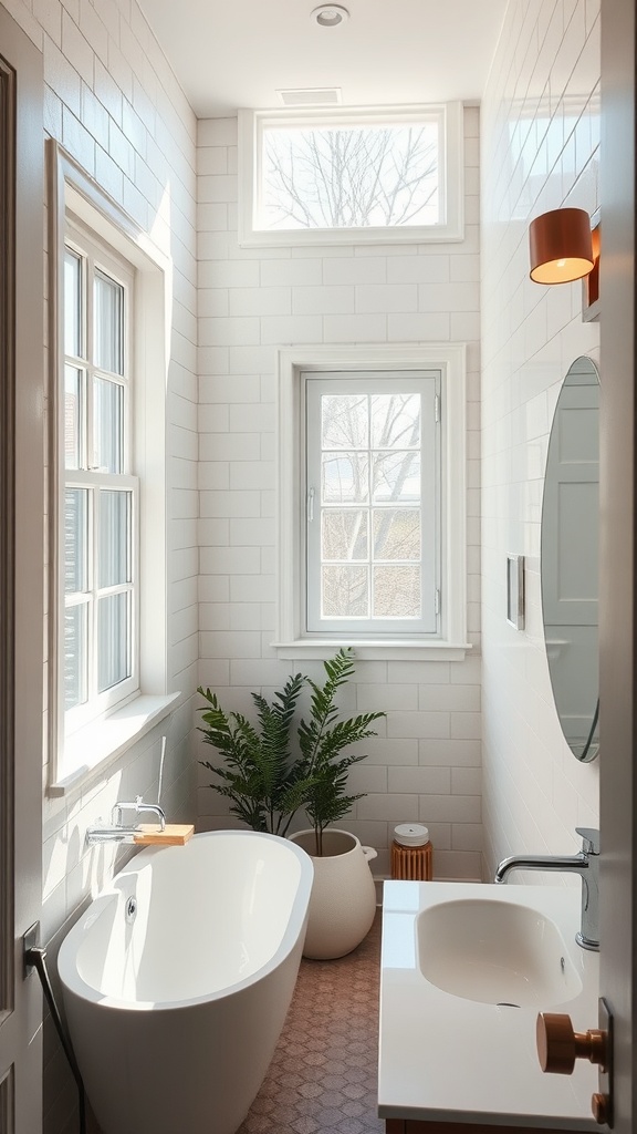 Bright and airy small bathroom with a bathtub, windows, and plants.
