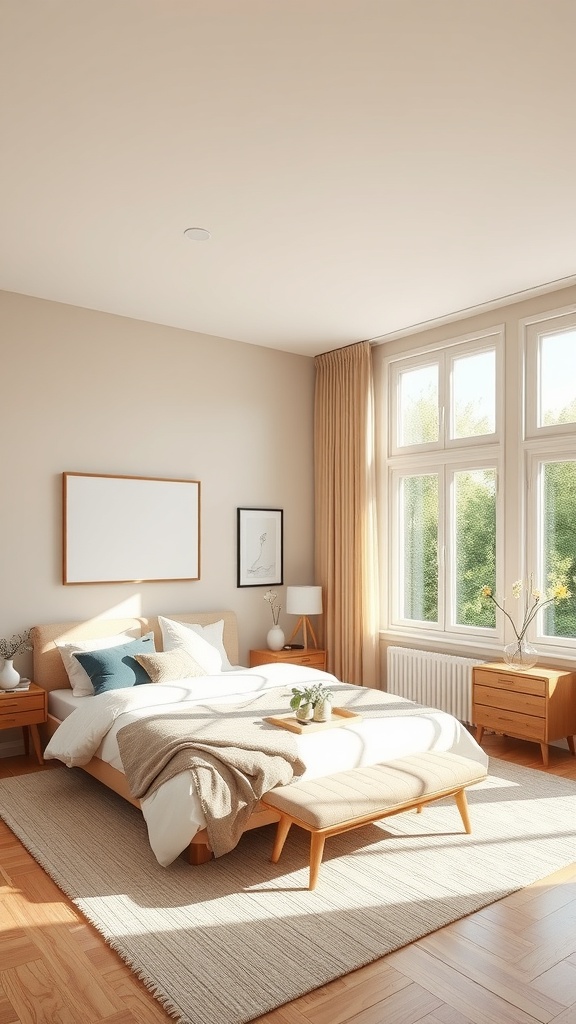 A bright beige bedroom with large windows, wooden furniture, and soft bedding, showcasing natural light.