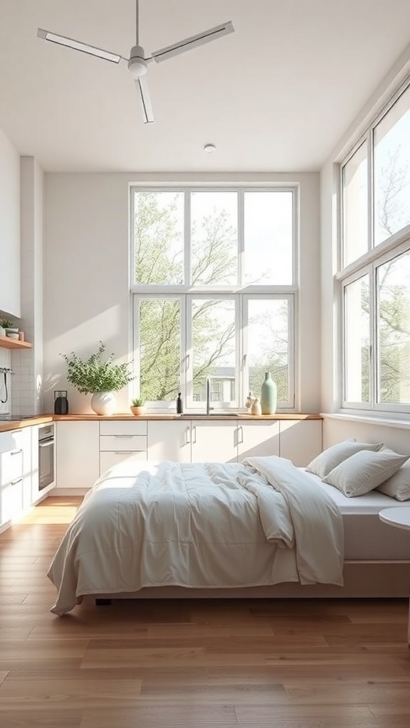 A bright minimalist kitchen with large windows, wooden accents, and plants.