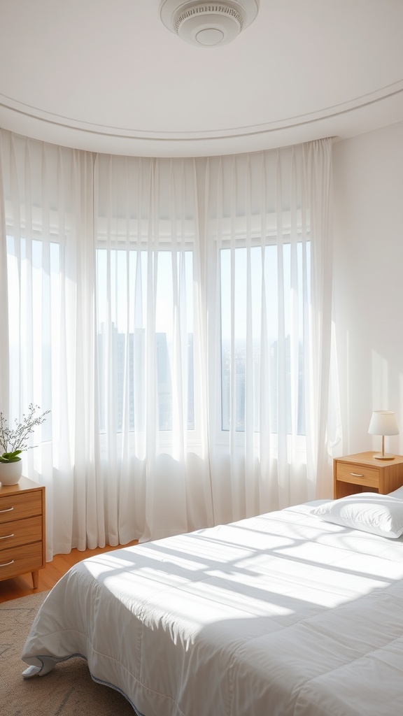 Bright bedroom with sheer curtains and large windows