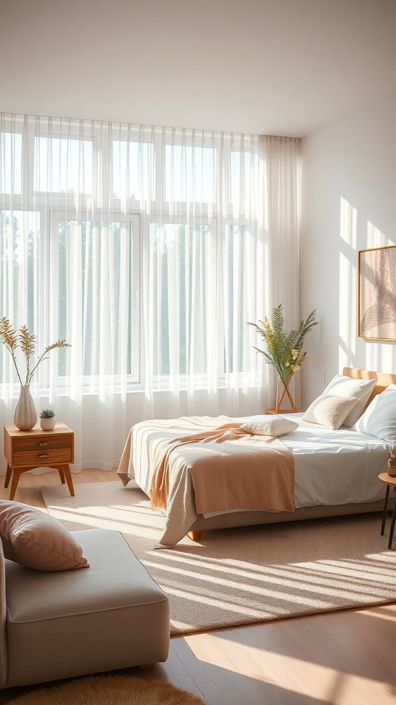 A bright bedroom with sheer curtains allowing natural light to filter in, featuring a cozy bed and soft furnishings.