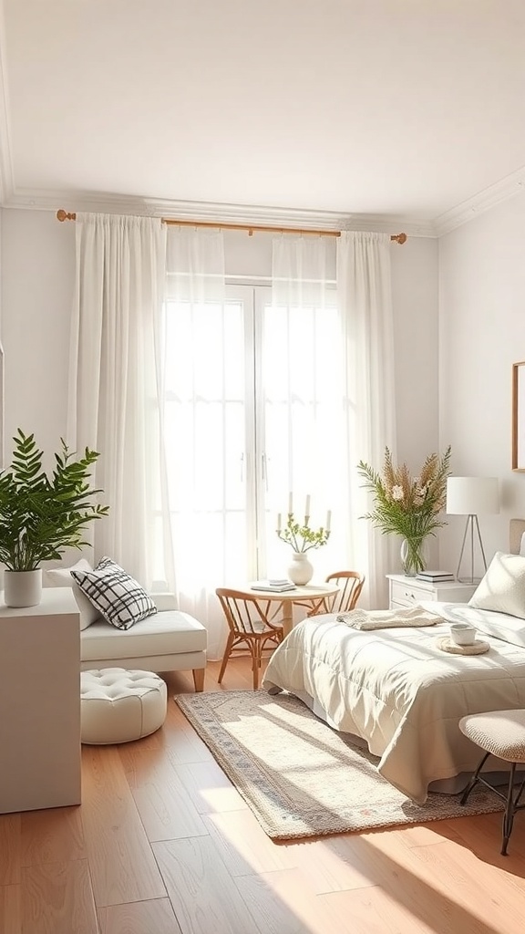 A bright bedroom with sheer curtains, natural light, plants, and cozy decor.