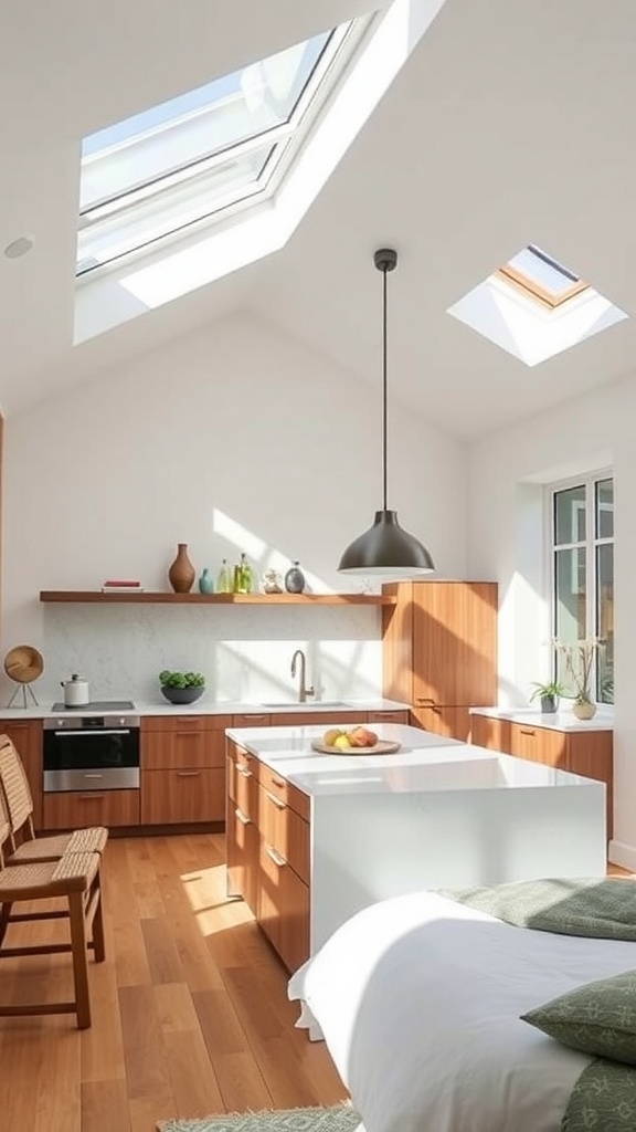Bright kitchen with skylights above the island, featuring wooden cabinetry and white countertops.