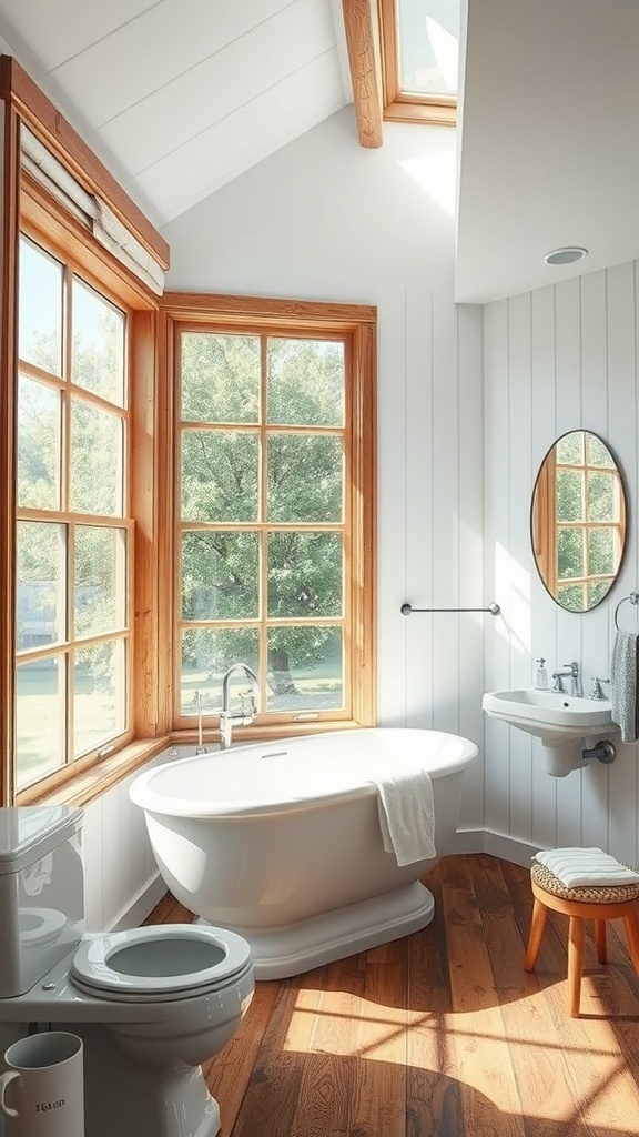 A bright rustic bathroom with large windows, a skylight, a freestanding bathtub, and wooden accents.