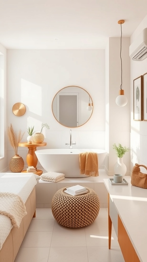 A bright beige bathroom with natural light, featuring a bathtub, round mirror, and woven decor.