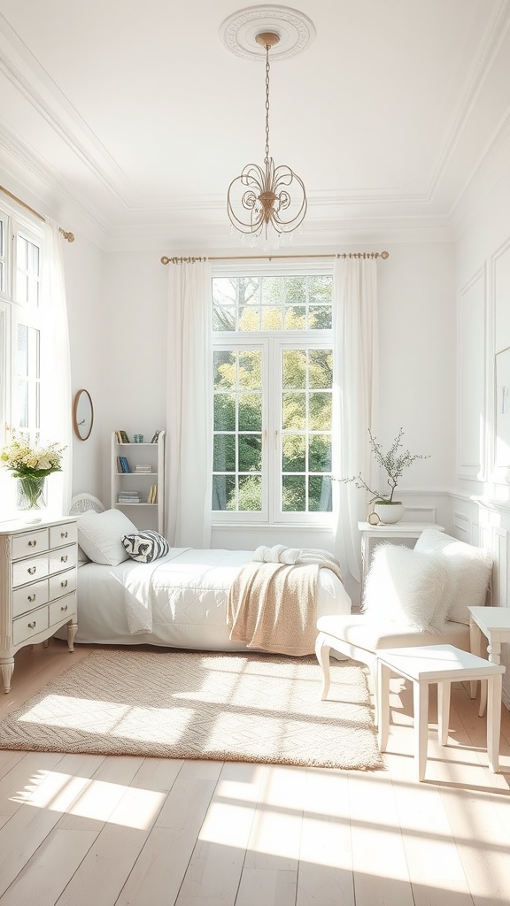 A bright and airy white bedroom with large windows, minimal furniture, and natural light.