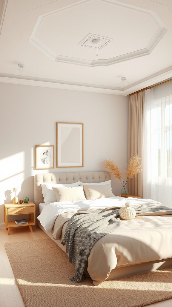 A bright beige bedroom with natural light streaming through sheer curtains, highlighting soft bedding and decor.
