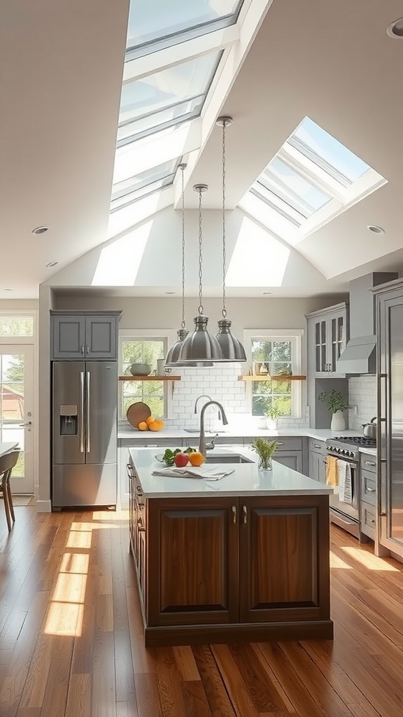A modern kitchen with skylights above an island, highlighted by natural sunlight.
