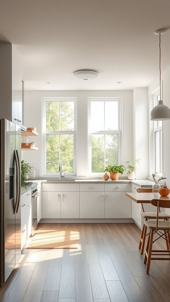 Bright kitchen with large windows, sunny atmosphere, and green plants.
