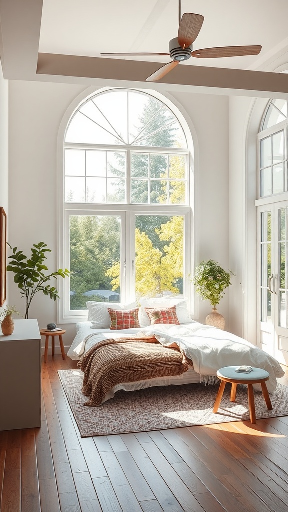 Bright summer bedroom with large windows, a cozy bed, and indoor plants