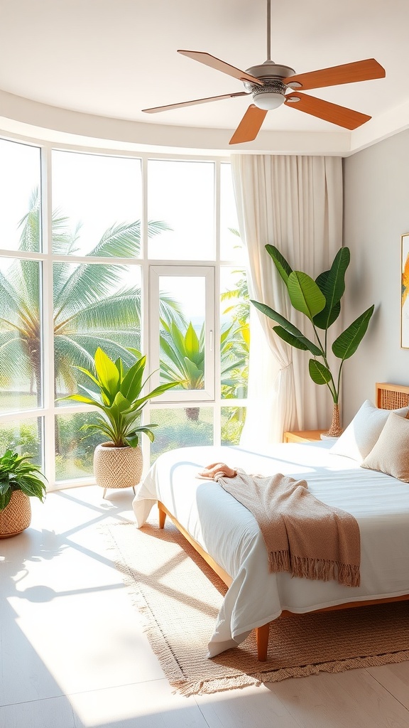 A bright tropical bedroom with large windows, plants, and a ceiling fan.