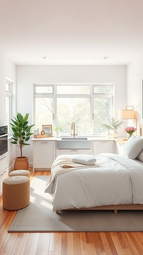Bright kitchen with large windows, plants, and light wood flooring