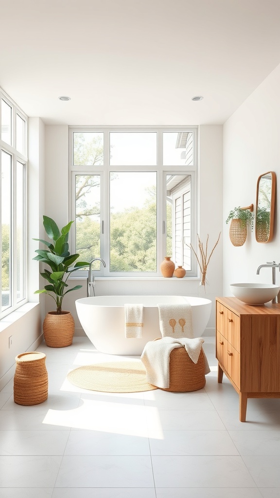 Bright and airy bathroom with large windows, a white bathtub, wooden accents, and indoor plants.