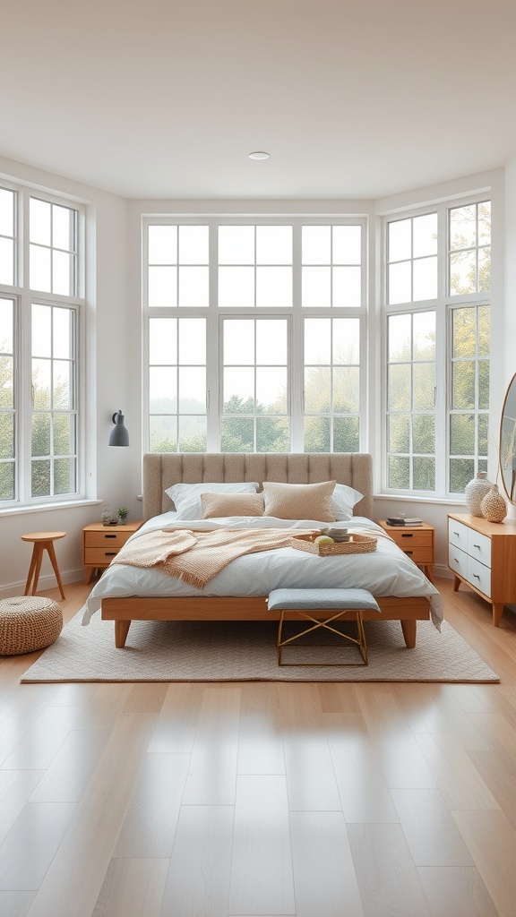 Bright bedroom with large windows, light wood furniture, and soft textiles