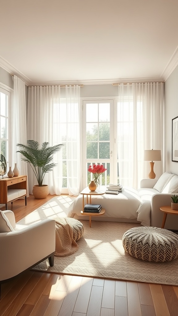 Bright and airy living room with large windows, sheer curtains, and cozy furnishings.