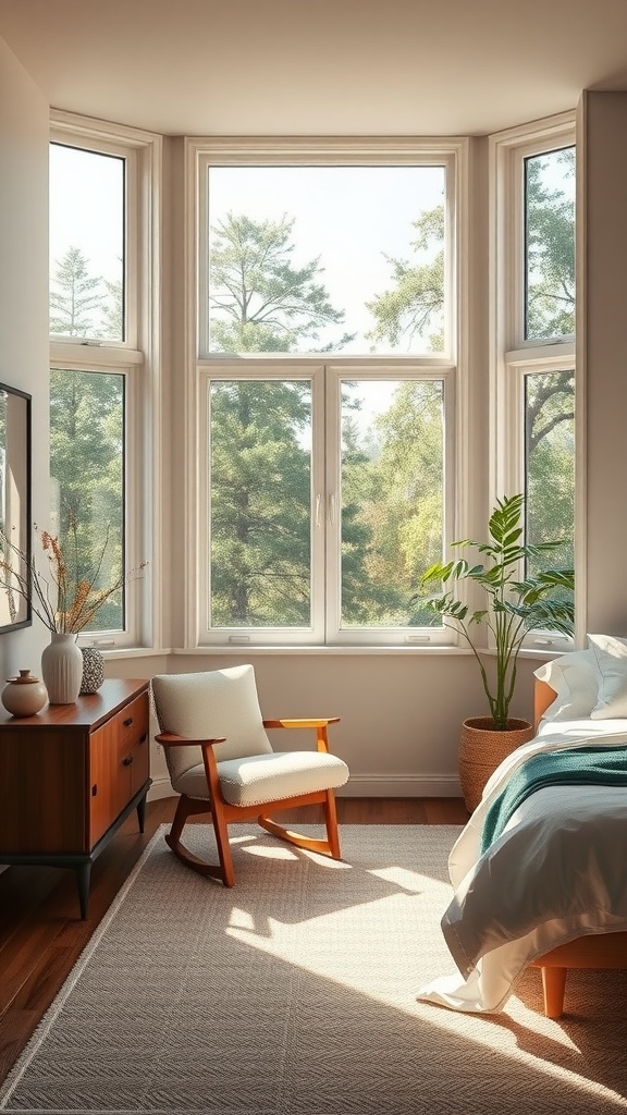 A bright bedroom featuring large windows that let in natural light, a reading nook with a comfortable chair, and a small plant beside it.