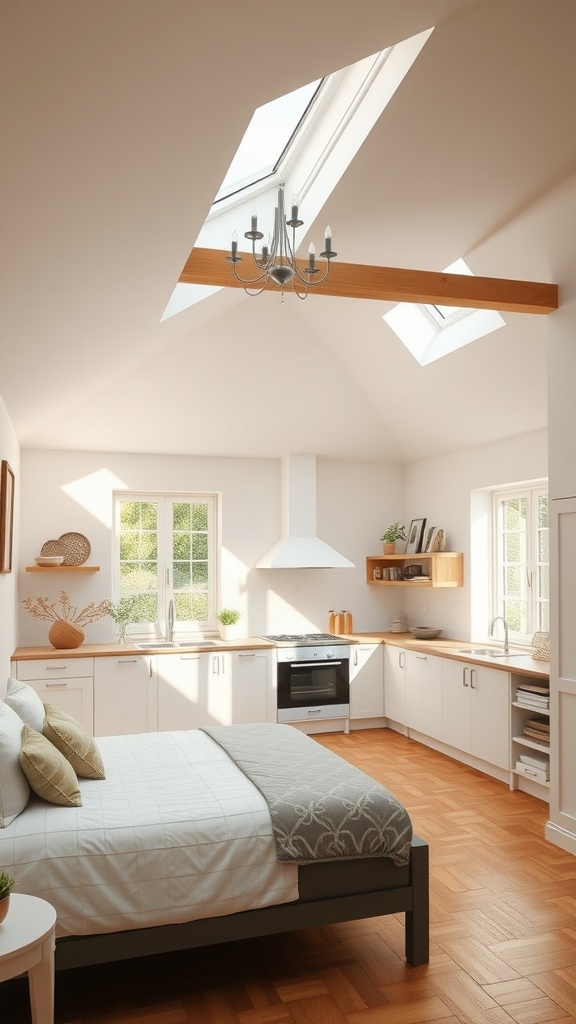 A bright kitchen featuring skylights and wooden beams, showcasing a modern design.