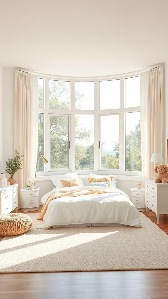 Bright toddler bedroom with large curved windows, soft curtains, and light-colored furnishings