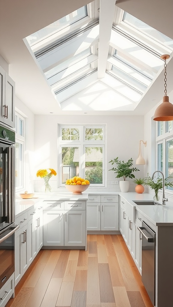 Bright kitchen with skylights and large windows, featuring white cabinets and wooden flooring.