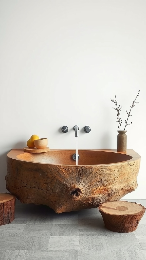 A rustic bathroom sink made from a natural log, paired with modern fixtures and wooden accessories.
