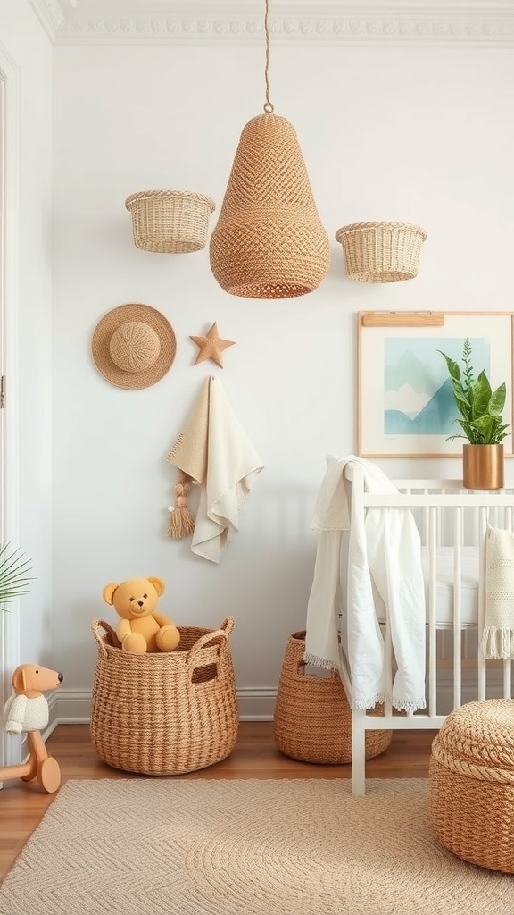 A cozy nursery featuring natural material accents like woven baskets, a fiber lamp, and a potted plant.