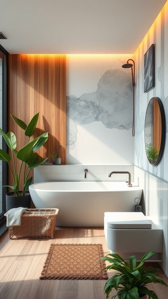 Modern bathroom with wooden walls, a sleek bathtub, plants, and a minimalist design.