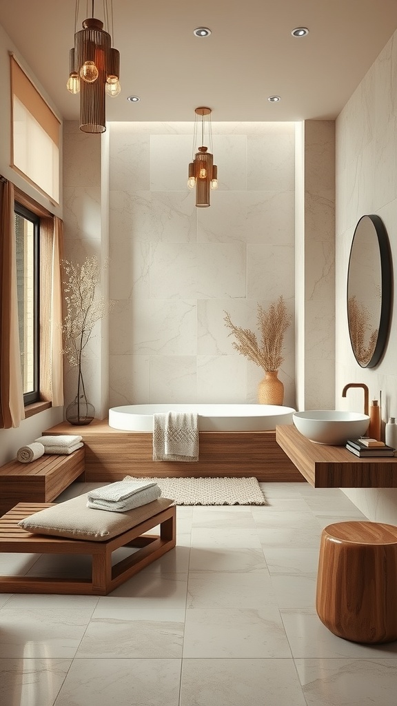 A spa-like bathroom featuring natural materials, warm wood accents, and elegant stone tiles.