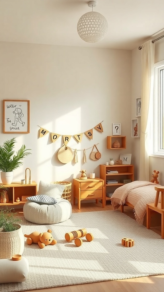 A cozy toddler bedroom with wooden furniture, soft textiles, and plants, creating a warm atmosphere.