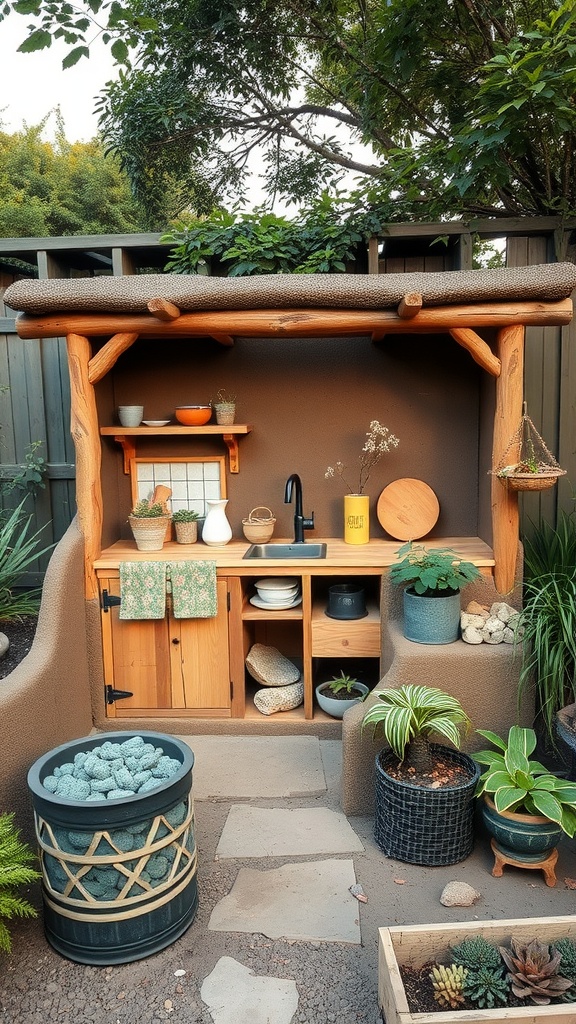 A rustic mud kitchen made of natural materials with wooden shelves and various plants.