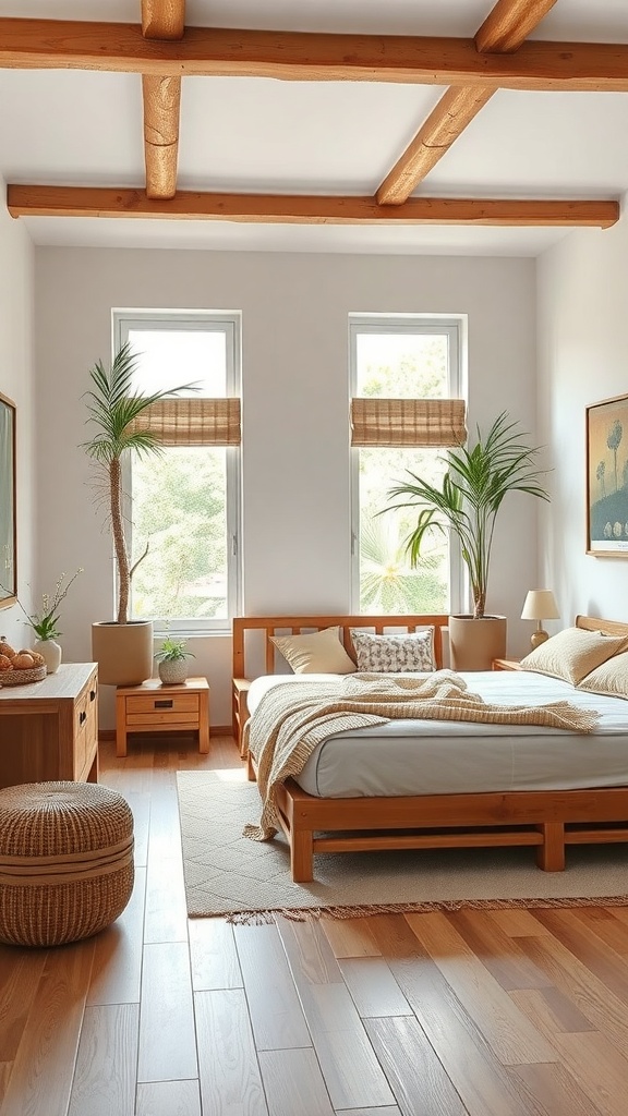 A zen bedroom featuring wooden beams, natural materials, and plants for a warm atmosphere.