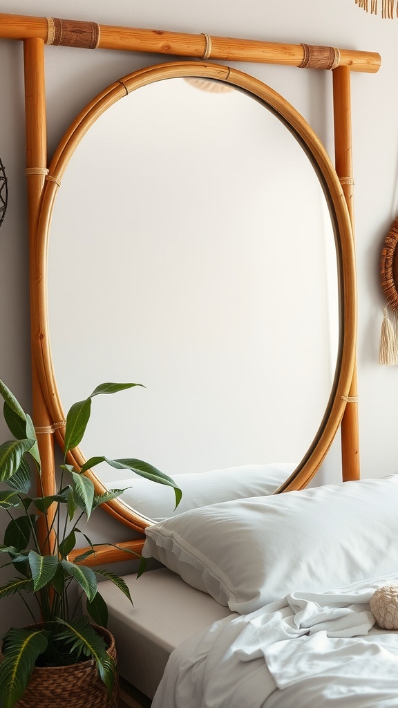 A bamboo framed mirror positioned above a bed with white bedding and a green plant beside it.