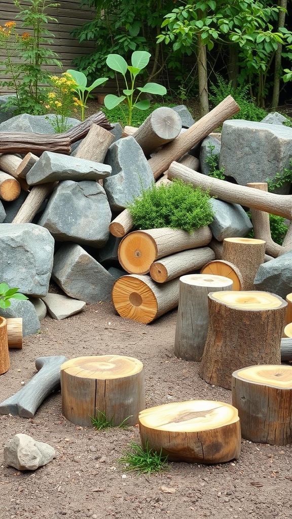 An outdoor play area for toddlers featuring logs, rocks, and greenery.