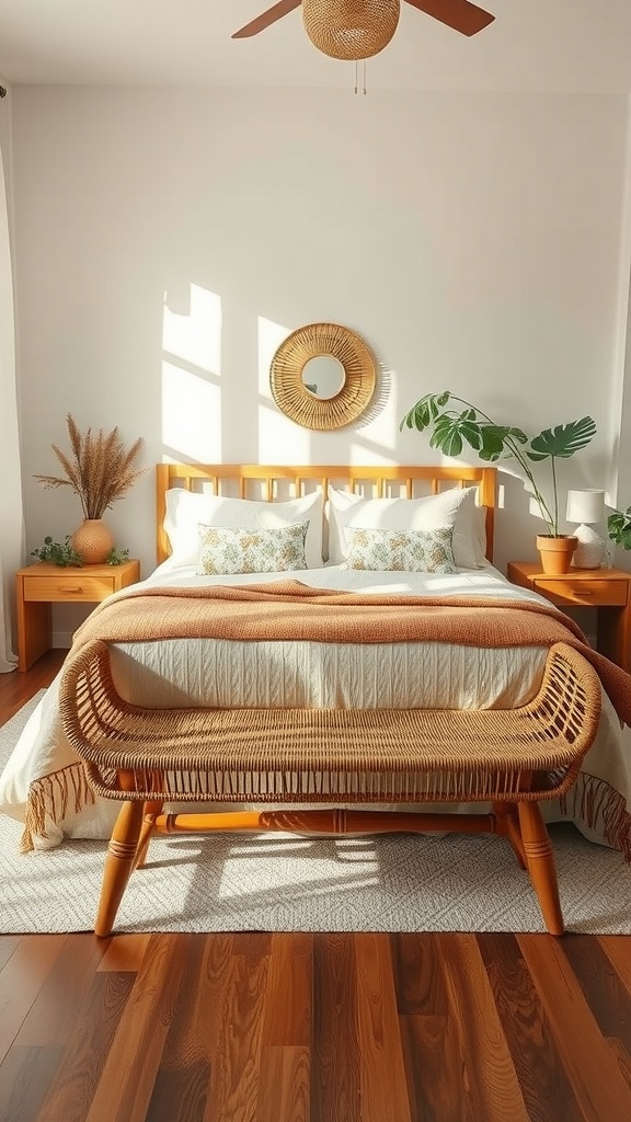 Natural rattan bench at the end of a bed in a bohemian style bedroom.