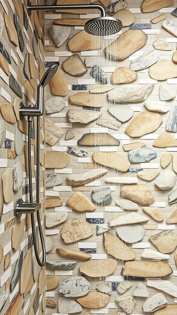 A shower with a natural river stone wall and modern showerhead.