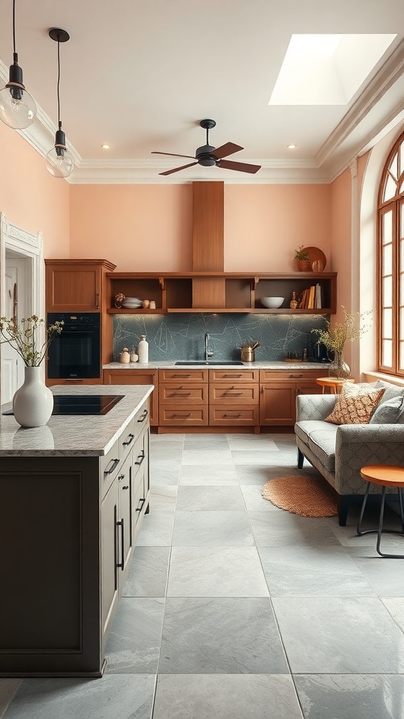 A modern kitchen featuring natural slate flooring, wooden cabinets, and a bright atmosphere.
