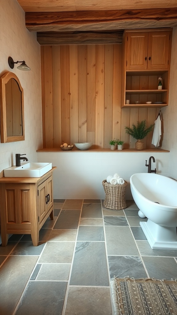 A bathroom featuring natural slate flooring, wooden cabinetry, and a freestanding bathtub.