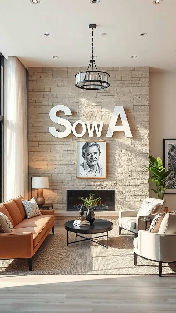 Living room with a natural stone accent wall, modern furniture, and artistic decor.