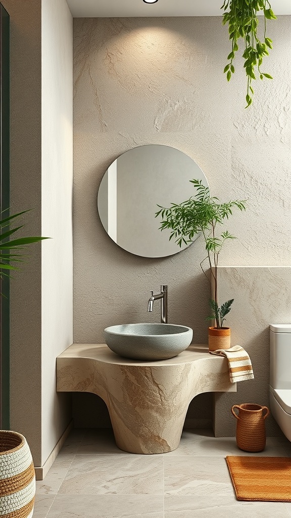 A rustic bathroom featuring a natural stone sink, round mirror, plants, and warm-colored decor.