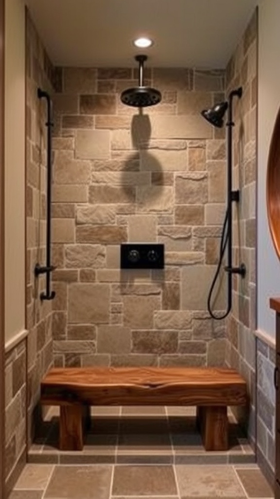 Rustic walk-in shower with natural stone accents and wooden bench.