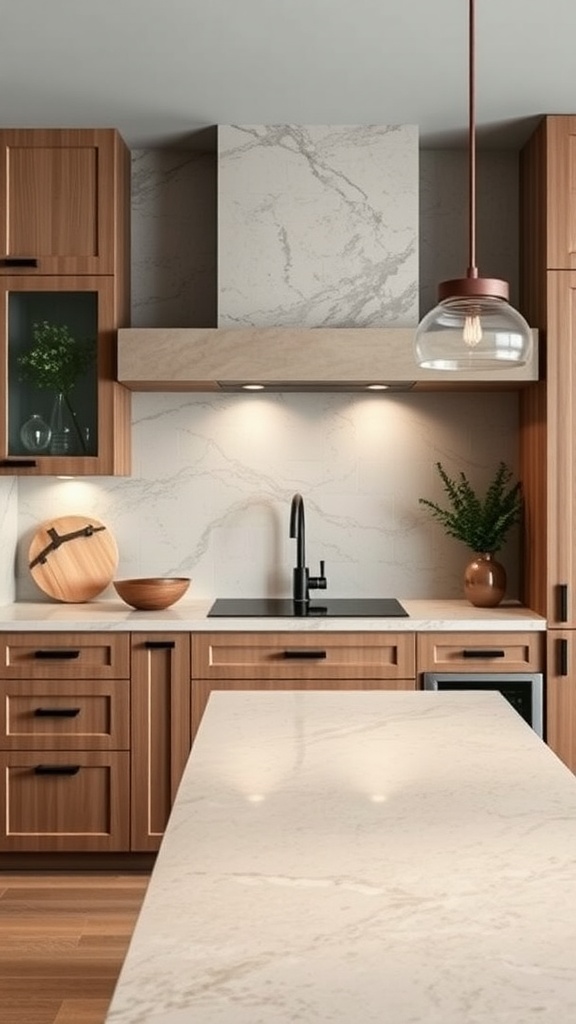 A modern Japandi kitchen featuring natural stone accents with wooden cabinets and plants.