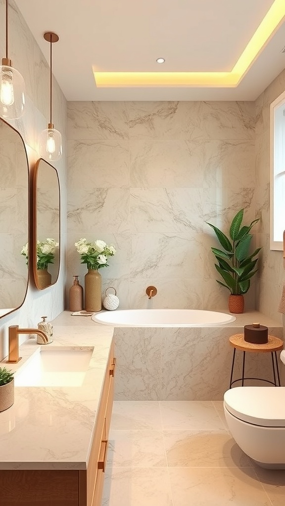 A luxurious bathroom featuring marble walls, a round bathtub, and warm lighting.