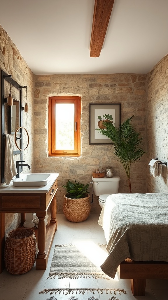A cozy cottage bathroom featuring natural stone walls, wooden accents, and plants.