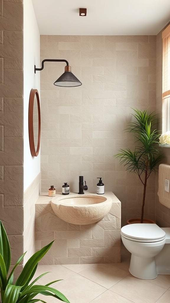 A cozy bathroom featuring natural stone accents, a unique sink, and plants for a fresh look.