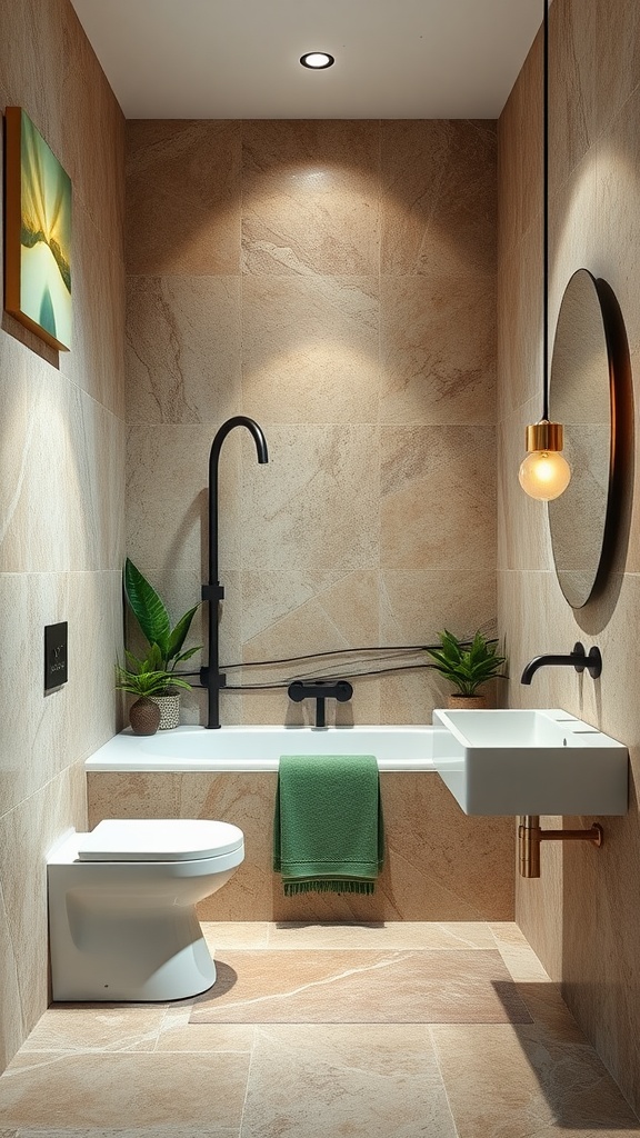 A luxurious bathroom with natural stone walls, green plants, and minimalist decor