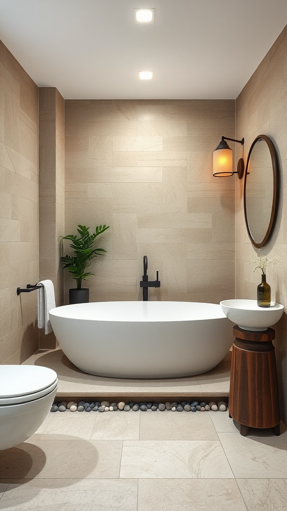 A modern bathroom featuring beige natural stone tiles, a freestanding bathtub, pebble accents, and a potted plant.
