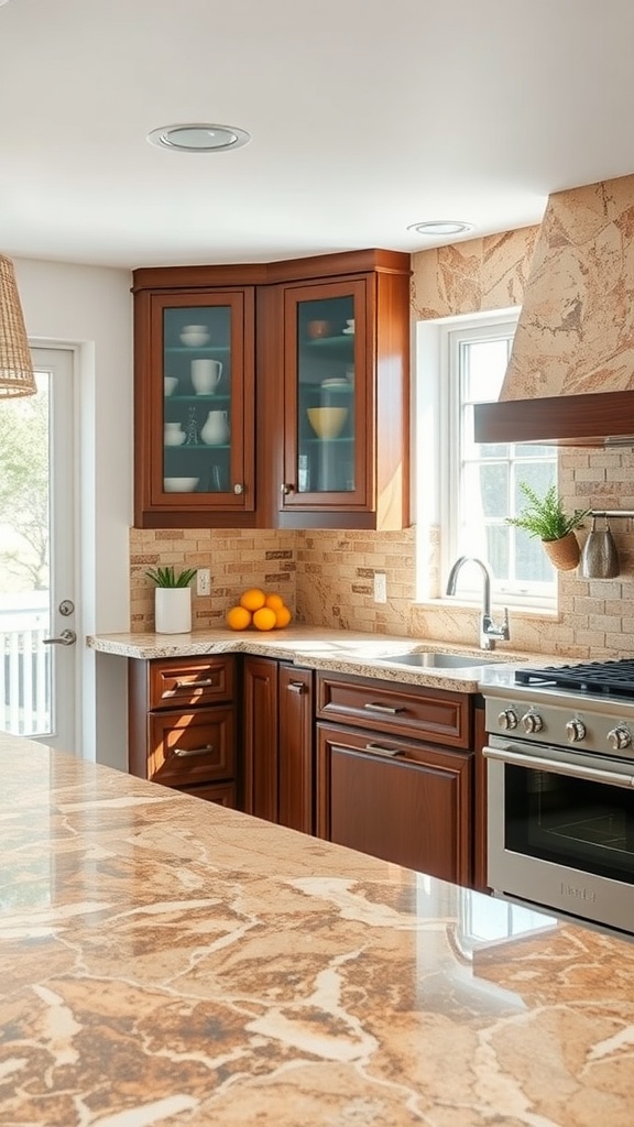 Kitchen with natural stone countertops featuring rich colors and wooden cabinets, oranges on the counter.